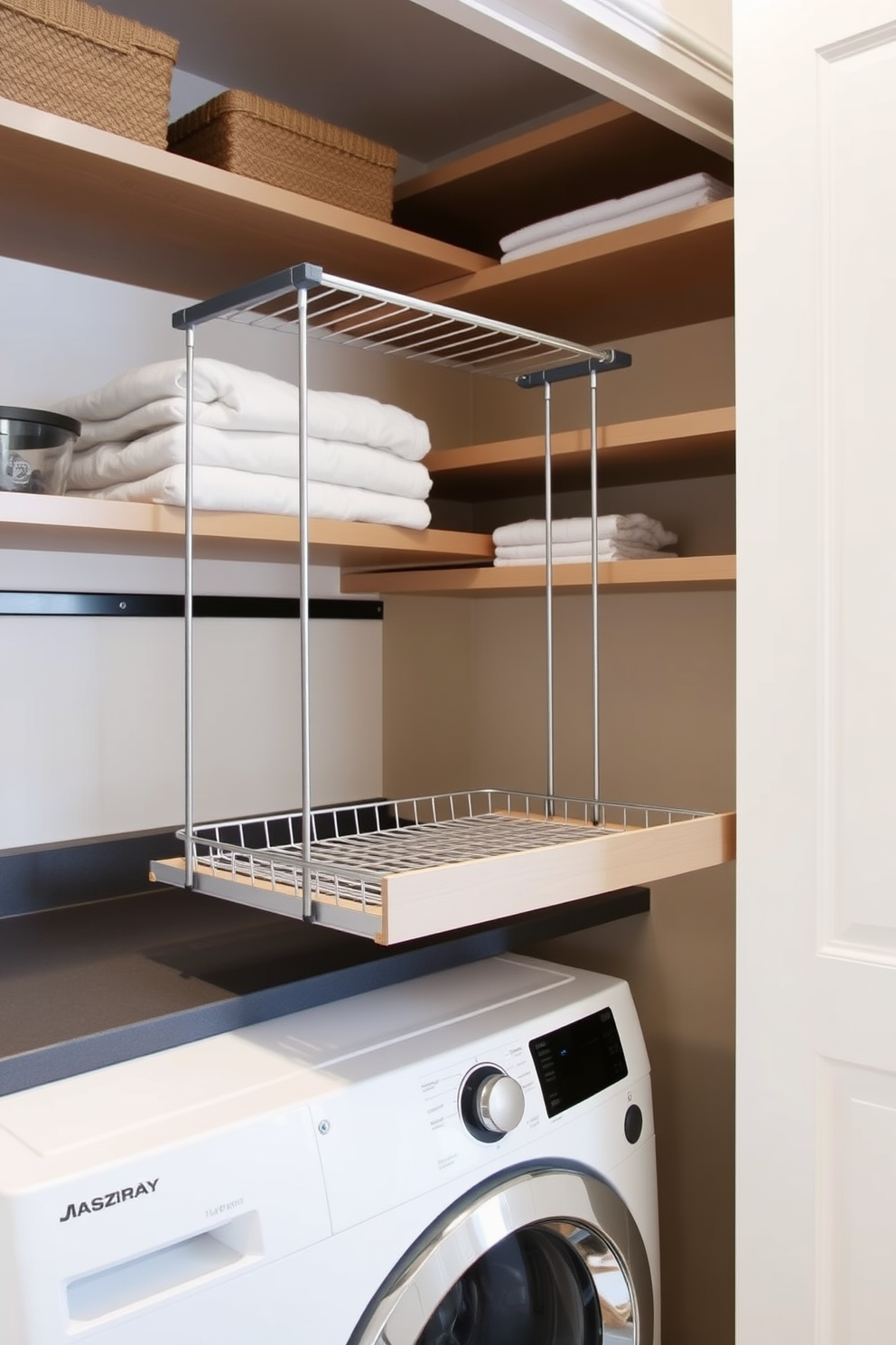 A functional pantry laundry room featuring a pull-out drying rack for added convenience. The space is designed with ample shelving for storage, complemented by a sleek countertop for folding laundry.