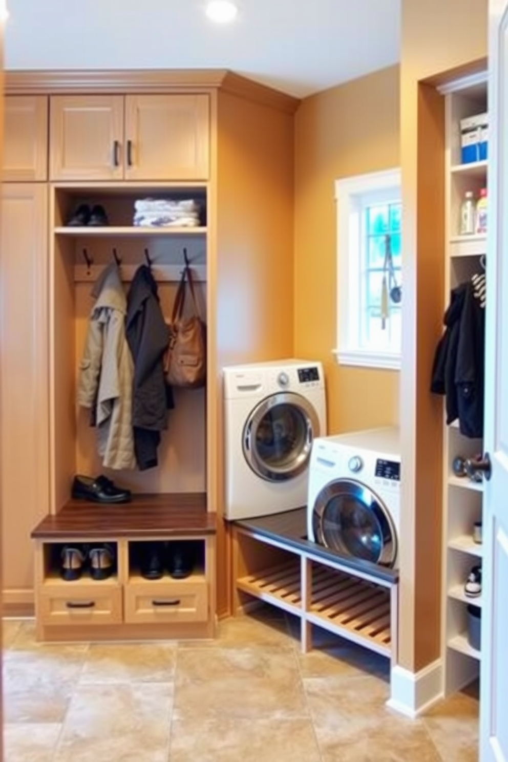 A functional mudroom-laundry combo features built-in cabinetry with ample storage for shoes and coats. The laundry area includes a stacked washer and dryer with a countertop above for folding clothes. The walls are painted in a warm neutral tone, and the flooring is durable tile that can withstand heavy foot traffic. A bench with hooks above provides a convenient spot for hanging bags and jackets, while a small pantry area is integrated with shelves for storing cleaning supplies and pantry items.