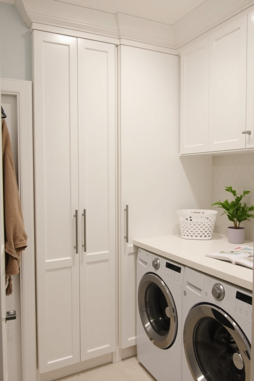 A functional laundry room featuring tall cabinets that maximize vertical space for storage. The cabinets are painted in a soft white finish, providing a clean and bright atmosphere. To the right, a practical countertop offers space for folding laundry, complemented by a stylish backsplash in a subtle geometric pattern. A laundry basket sits in a corner, and a potted plant adds a touch of greenery to the room.