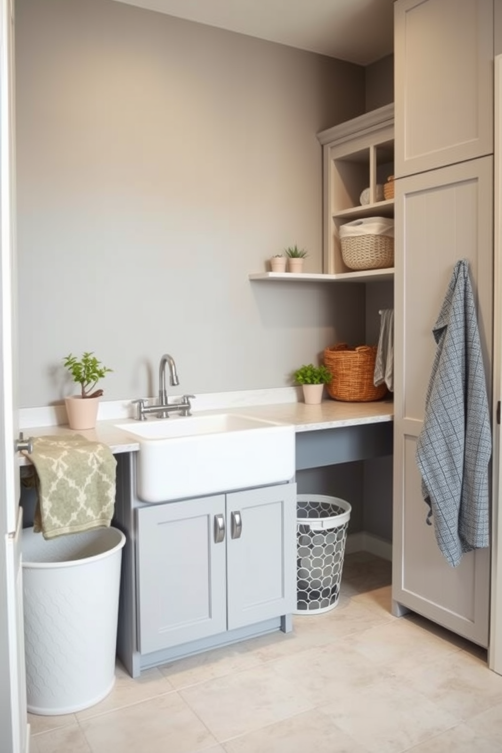 A functional laundry room with a built-in sink for quick laundry tasks. The space features a spacious countertop for folding clothes and a tall pantry cabinet for storage. The walls are painted in a soft grey hue, creating a calm atmosphere. The floor is covered with durable, easy-to-clean tiles in a light color. A stylish laundry basket is placed in the corner, and a few potted plants add a touch of greenery. Above the sink, there are open shelves for easy access to detergents and supplies.