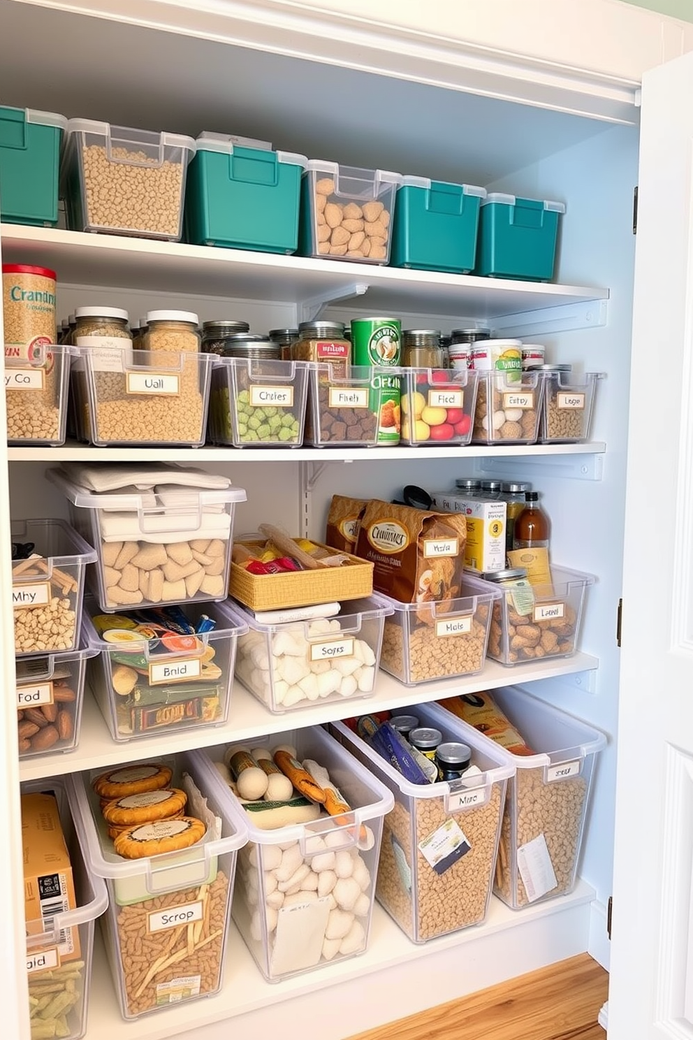 A well-organized pantry featuring clear bins for easy visibility. Each bin is labeled and arranged by category, ensuring quick access to all items.