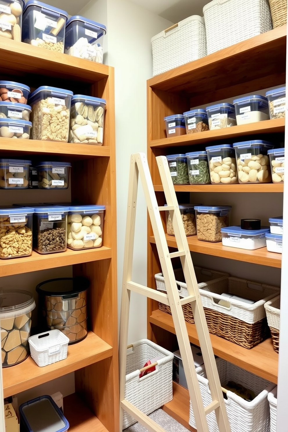 A well-organized pantry featuring stackable containers that maximize vertical space. The containers are clear and labeled, neatly arranged on sturdy shelves with a warm wood finish. The pantry walls are painted in a soft neutral color, creating a bright and inviting atmosphere. A small ladder is placed against the shelves for easy access to higher items, and decorative baskets are used for storing smaller items.