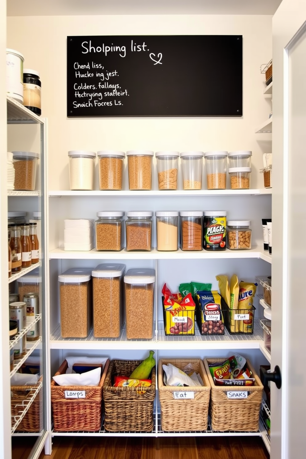 A stylish pantry with a chalkboard mounted on the wall for shopping lists. The shelves are neatly organized with clear containers for dry goods and labeled baskets for snacks.