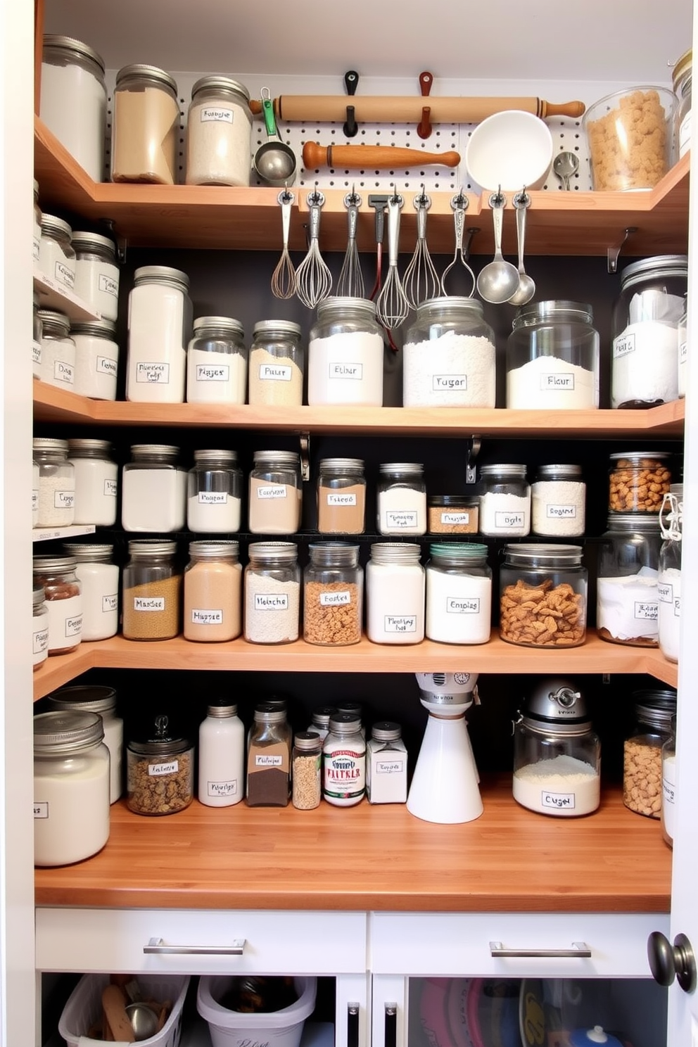 A beautifully organized pantry dedicated to baking supplies. Shelves are lined with clear glass jars filled with flour, sugar, and various baking ingredients, all labeled for easy access. A wooden countertop provides ample space for mixing and preparing dough. Above the countertop, a pegboard displays essential tools like measuring cups, whisks, and rolling pins, keeping everything within reach.