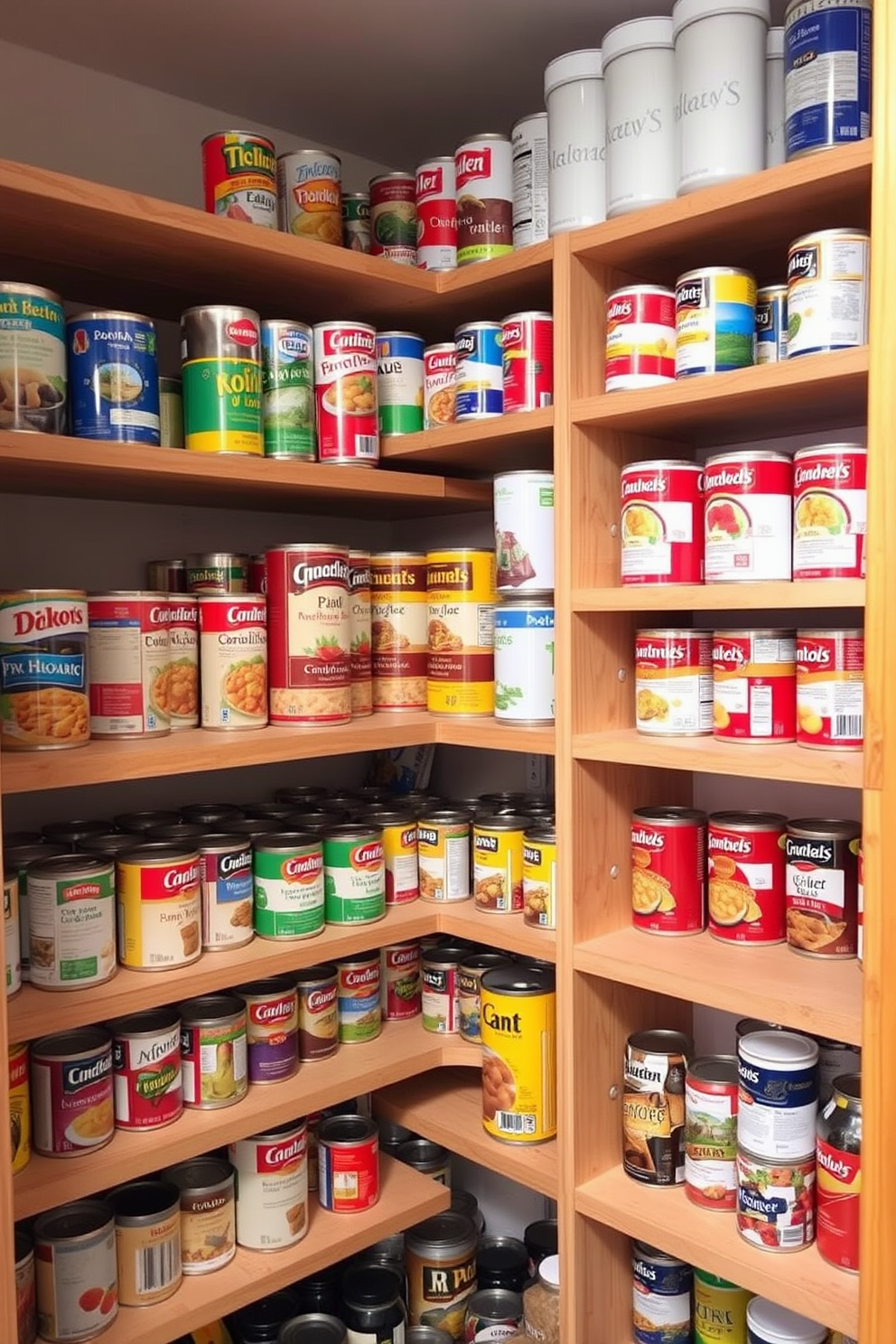 A well-organized pantry featuring tiered shelving to maximize space for canned goods. The shelves are made of natural wood and neatly arranged, allowing easy access to all items while showcasing colorful labels and various sizes of cans.