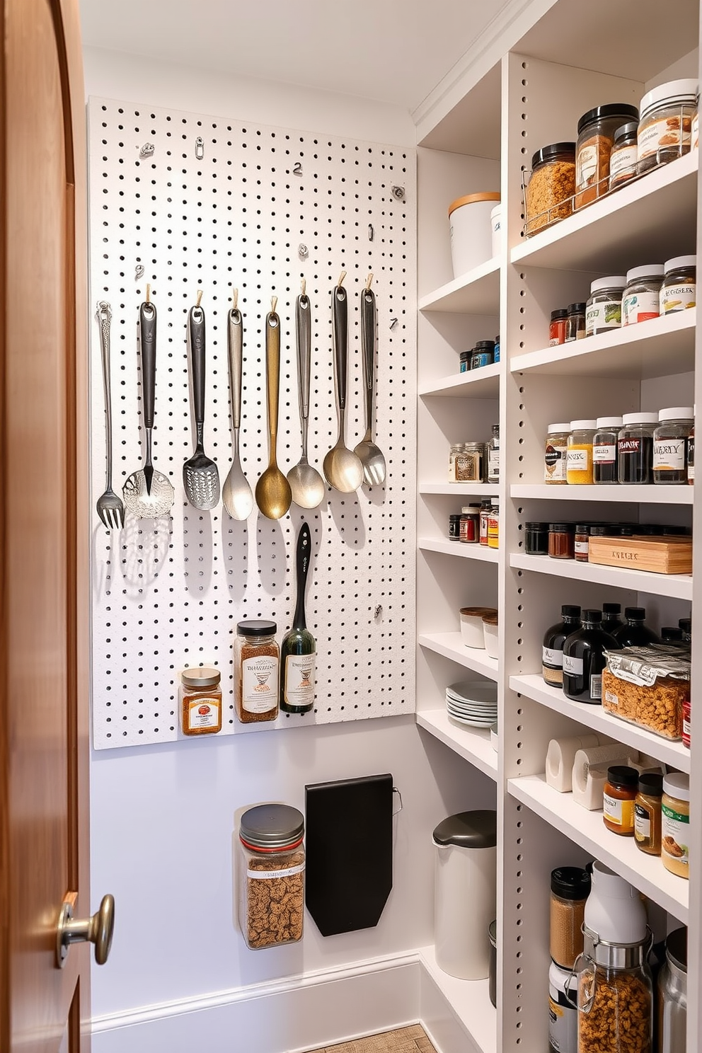 A modern pantry design featuring a pegboard installed on the wall for hanging utensils and tools. The pegboard is complemented by neatly organized shelves stocked with jars, spices, and cooking essentials, creating a functional and stylish space.