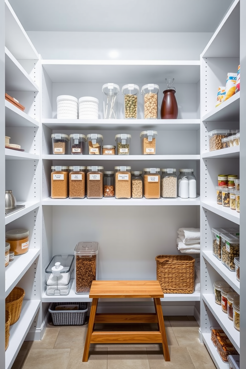 A modern pantry organization design featuring sleek white shelves that reach the ceiling. A small wooden step stool is placed beside the shelves for easy access to high items, ensuring functionality and style. The pantry is adorned with clear storage containers for dry goods, neatly labeled for convenience. A mix of open and closed shelving allows for both display and organization, creating an inviting and efficient space.