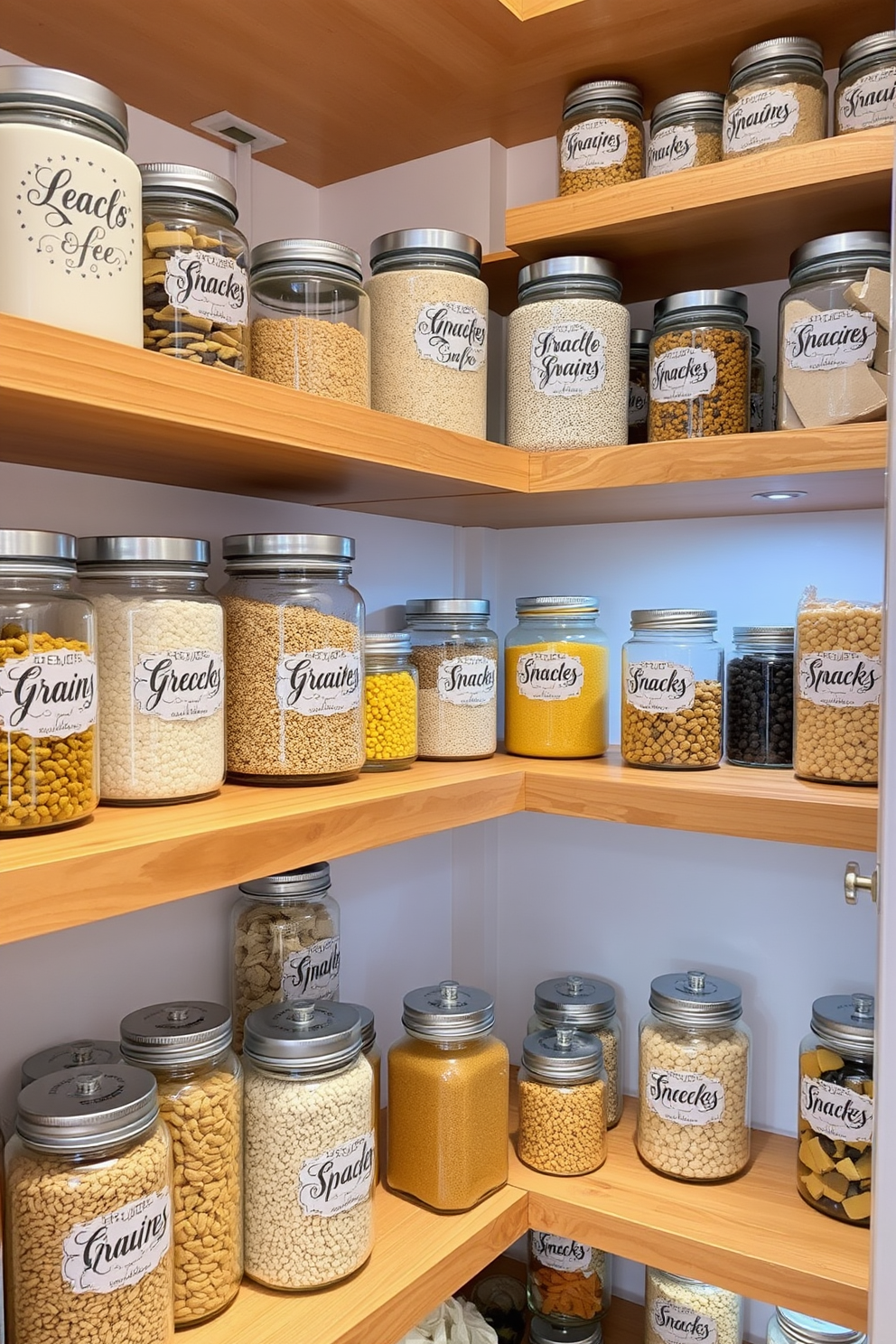 A beautifully organized pantry featuring decorative jars in various sizes and shapes. Each jar is labeled with elegant typography, showcasing the contents like grains, spices, and snacks, creating a cohesive and stylish look. The shelves are made of natural wood, providing a warm contrast to the white walls. Soft LED lighting highlights the jars, enhancing the overall aesthetic and making it easy to find ingredients at a glance.