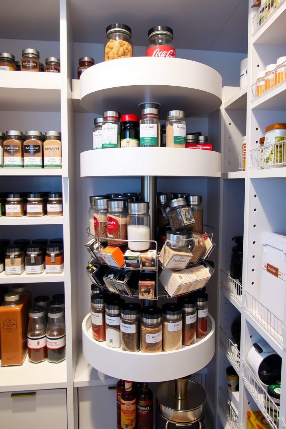 A modern pantry with a rotating spice rack positioned for easy access. The shelves are neatly organized with labeled jars and containers, showcasing a variety of spices and ingredients.