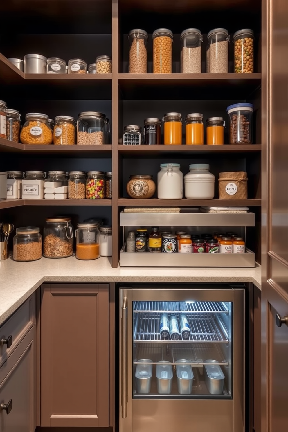 A stylish pantry with organized shelves showcasing a variety of jars and containers. A sleek mini fridge is integrated into the cabinetry, providing easy access to beverages while maintaining a clean aesthetic.