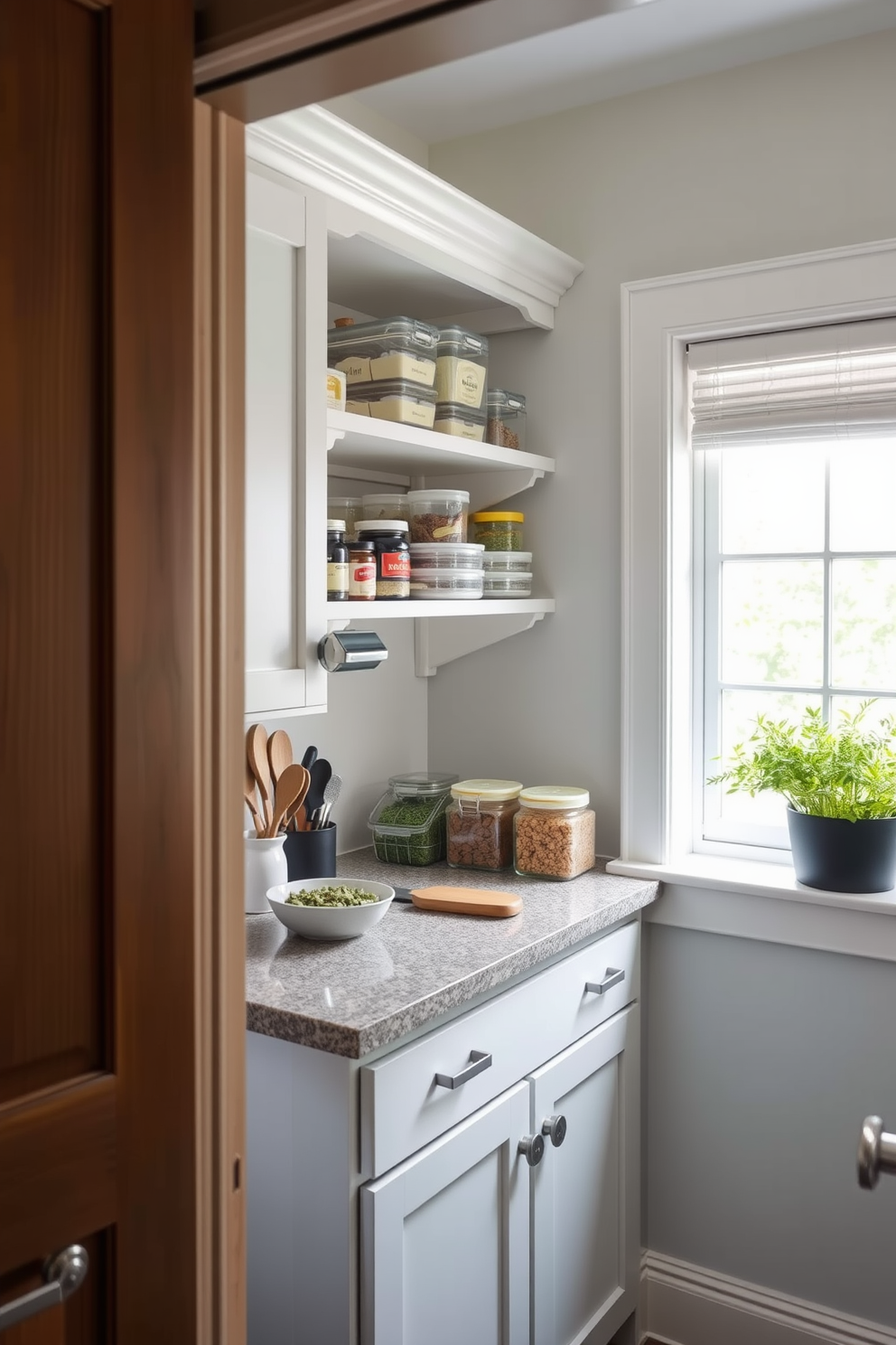 Create a meal prep area within a pantry that maximizes functionality and efficiency. Include open shelving for easy access to ingredients and a countertop space for chopping and assembling meals. Incorporate clear storage containers to keep dry goods organized and visible. Add a small herb garden on the windowsill to enhance both aesthetics and cooking convenience.