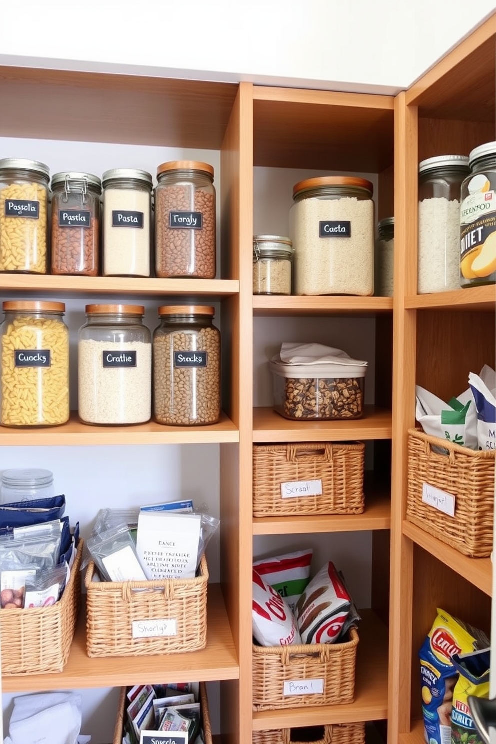 A well-organized pantry with labeled containers for quick identification. Clear glass jars hold various dry goods like pasta, rice, and beans, each with a stylish label affixed to the front for easy access. The shelves are made of natural wood, providing a warm contrast to the white walls. A section of the pantry features woven baskets for storing snacks, with labels indicating their contents for a cohesive look.