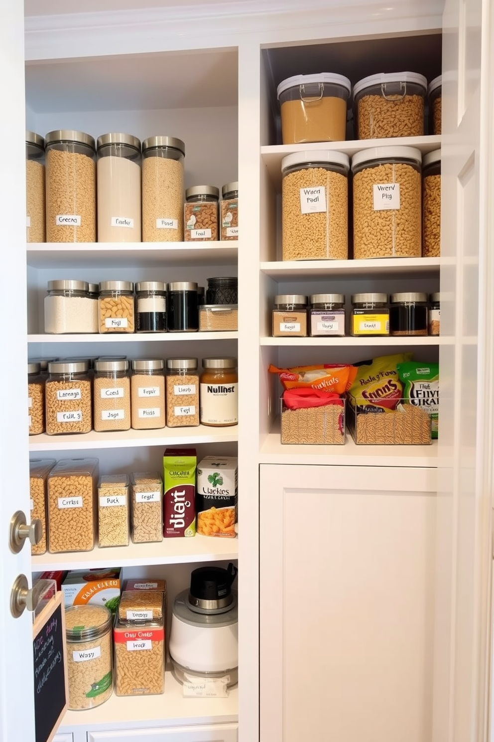 A well-organized pantry featuring clear canisters for easy visibility of dry goods. The shelves are neatly arranged with labeled containers, showcasing a variety of grains, pasta, and snacks. The walls are painted in a light, neutral color to enhance brightness and openness. A small chalkboard on the door provides a space for notes and grocery lists, adding functionality to the design.