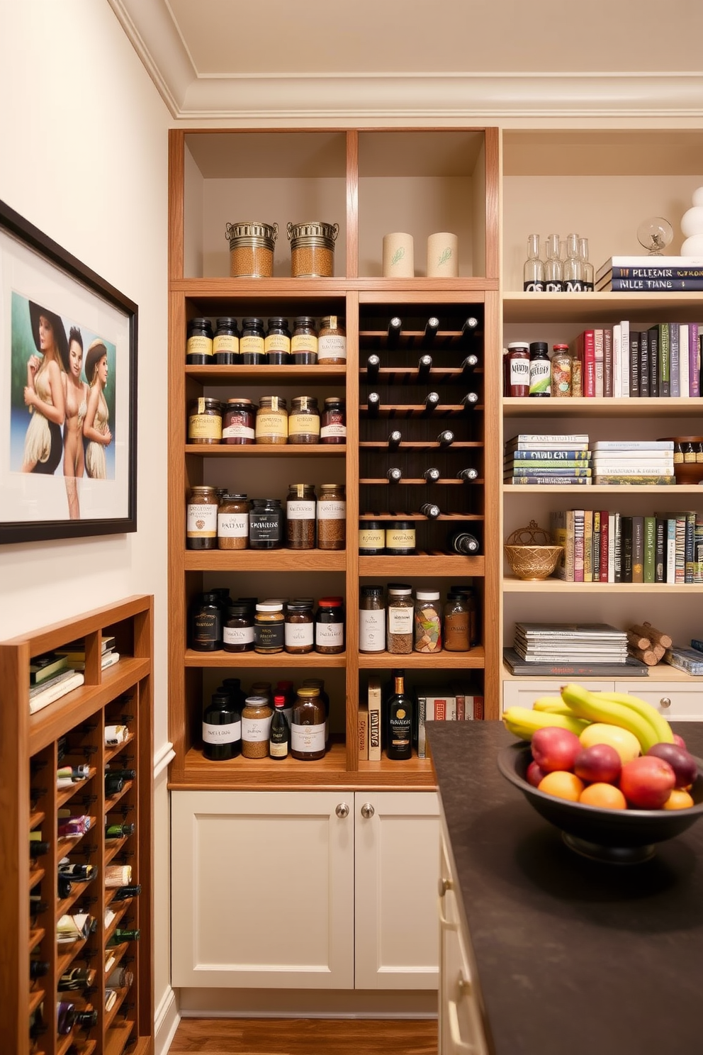 A stylish pantry organization design featuring a built-in wine rack. The wine rack is made of rich oak wood and is seamlessly integrated into the shelving unit, which is stocked with neatly arranged jars and containers. The pantry walls are painted in a soft cream color, creating a warm and inviting atmosphere. Open shelves display an array of spices and cookbooks, while the countertop is adorned with a decorative fruit bowl.