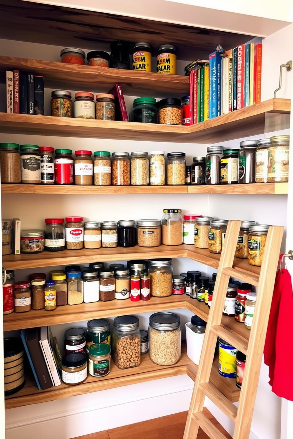 A cozy pantry featuring open shelving made from reclaimed wood. The shelves are filled with neatly arranged jars of spices, grains, and canned goods, creating an inviting and organized space. The walls are painted in a soft cream color, enhancing the warmth of the wooden shelves. A small wooden ladder leans against one side, providing easy access to the top shelves filled with colorful cookbooks and decorative containers.