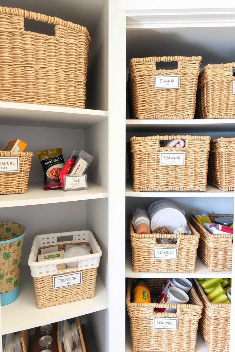 A well-organized pantry featuring stylish baskets for seasonal item storage. The baskets are neatly arranged on shelves, labeled for easy access, creating a visually appealing and functional space.