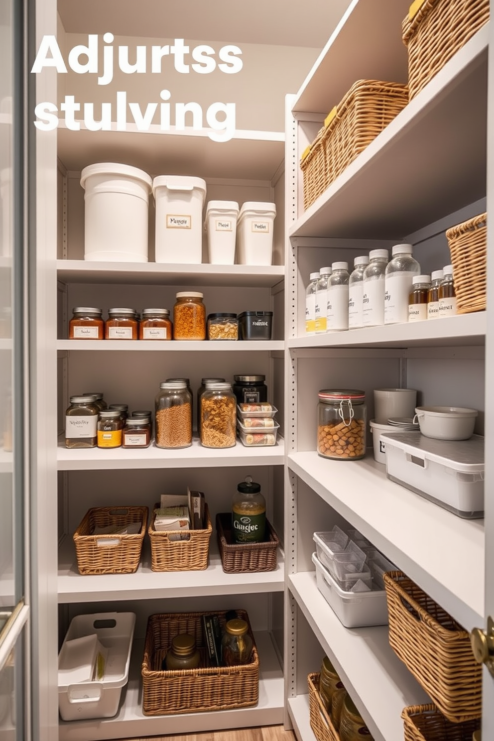 A modern pantry featuring adjustable shelving that allows for flexible storage solutions. The shelves are neatly arranged with labeled containers, jars, and baskets, creating an organized and accessible space.