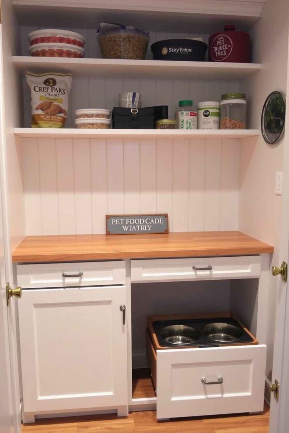 Create a cozy pet food station within a pantry. The station features a built-in cabinet with pull-out drawers for food storage and a designated area for food and water bowls. The cabinetry is painted in a soft white finish, complemented by a natural wood countertop. Shelves above the station hold treats and pet supplies, while a small decorative sign adds a personal touch.