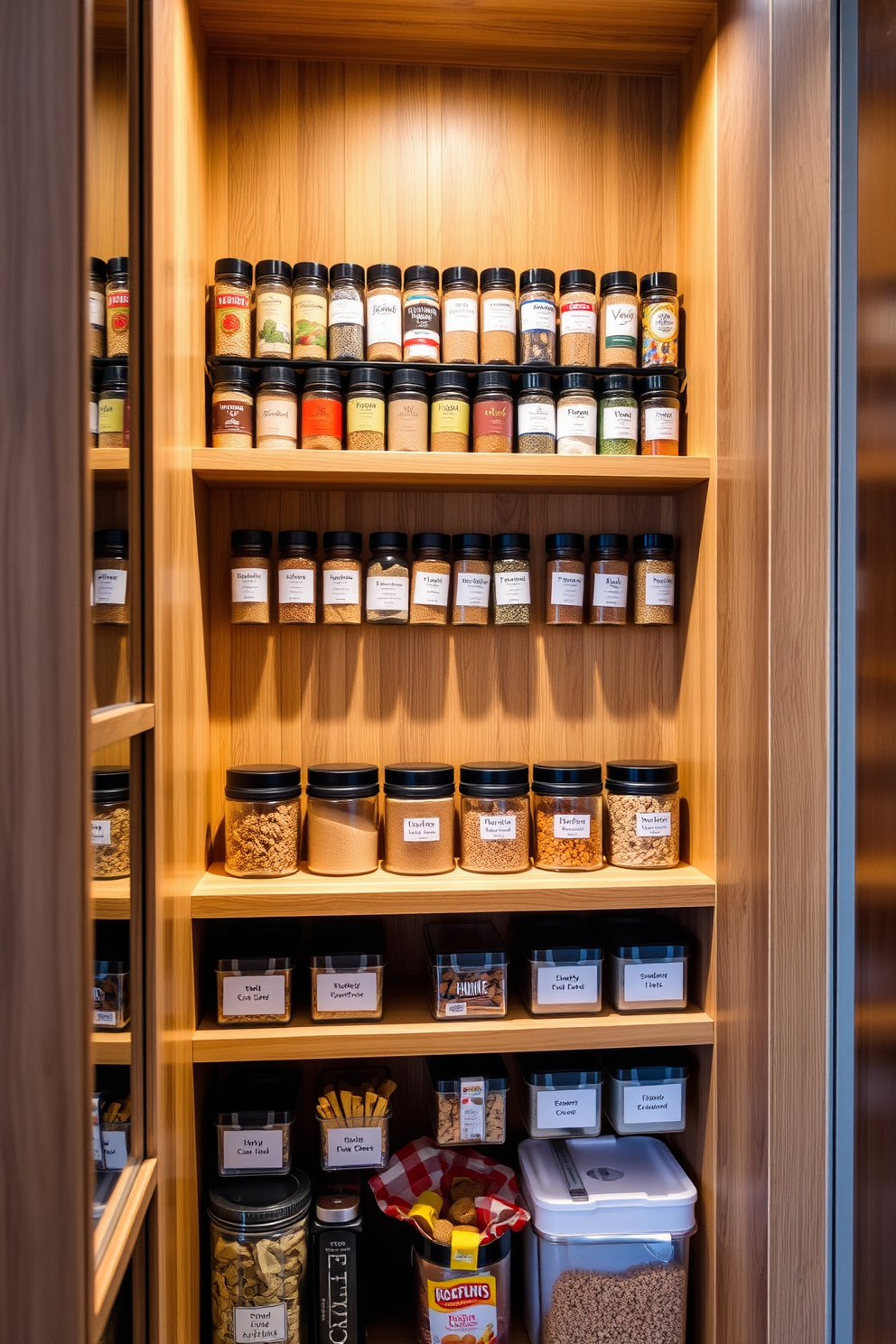 A modern pantry featuring a magnetic strip mounted on the wall for spice storage. The magnetic strip holds various spice jars with clear labels, creating an organized and visually appealing display. The shelves are made of natural wood and neatly arranged with labeled containers for grains and snacks. Soft LED lighting illuminates the space, enhancing the warm tones of the wood and making it inviting.