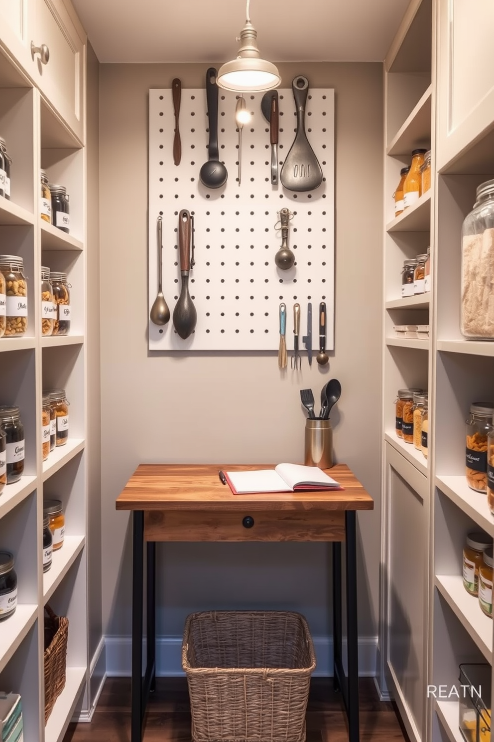 A cozy pantry space designed for meal planning features a small wooden desk positioned against the wall. The desk is equipped with a notepad and a stylish pen, creating an inviting spot for organizing meals. Shelving units line the walls, filled with neatly labeled jars and containers for dry goods. A pegboard above the desk displays essential cooking tools, while a soft light fixture illuminates the area, enhancing the overall functionality and charm.