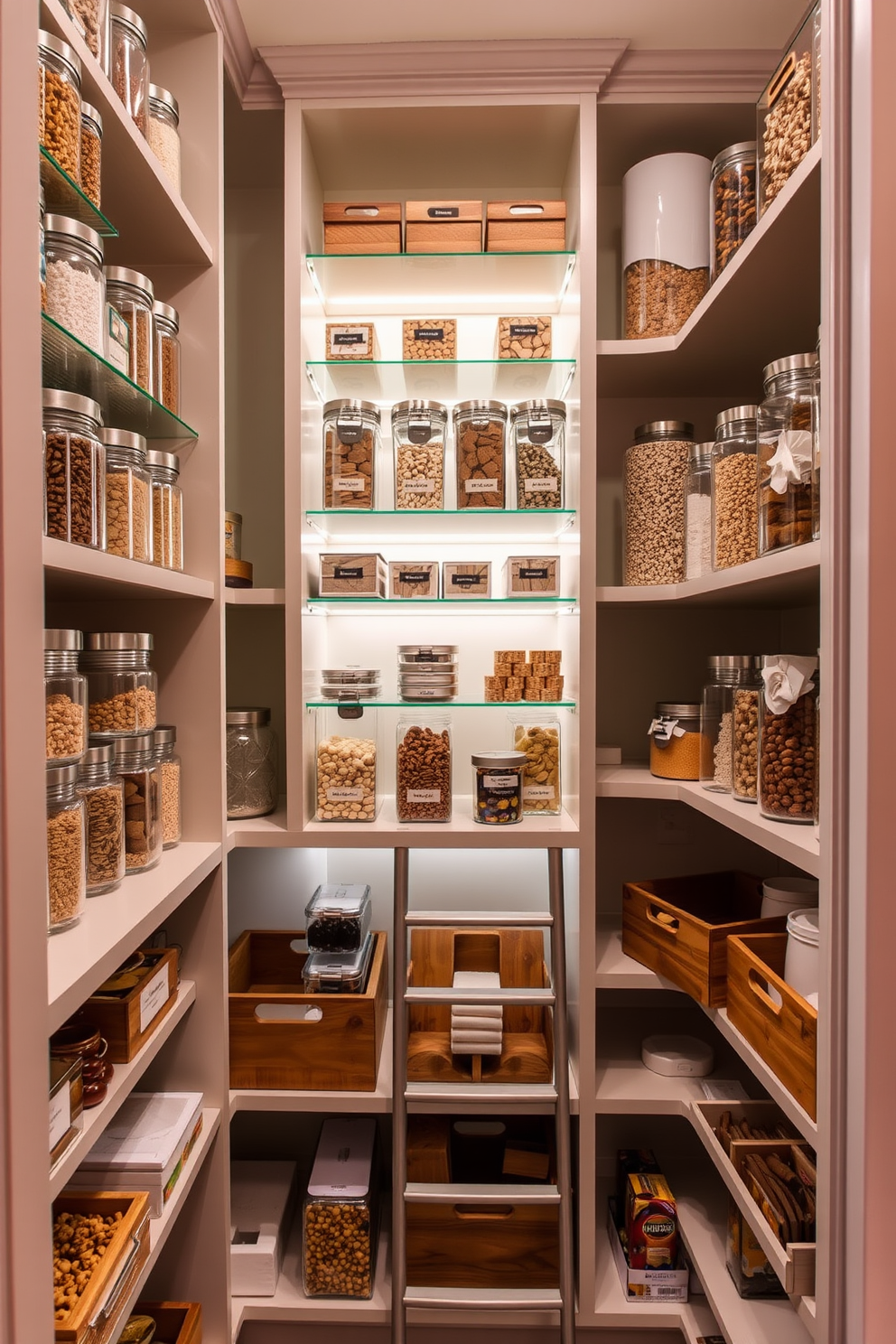 A well-organized pantry featuring custom shelving that maximizes vertical space. Clear glass containers neatly display grains and snacks while labeled wooden bins hold larger items. Soft LED strip lighting illuminates the shelves, enhancing visibility and creating a warm ambiance. A sliding ladder provides access to higher shelves, adding both functionality and a touch of elegance.