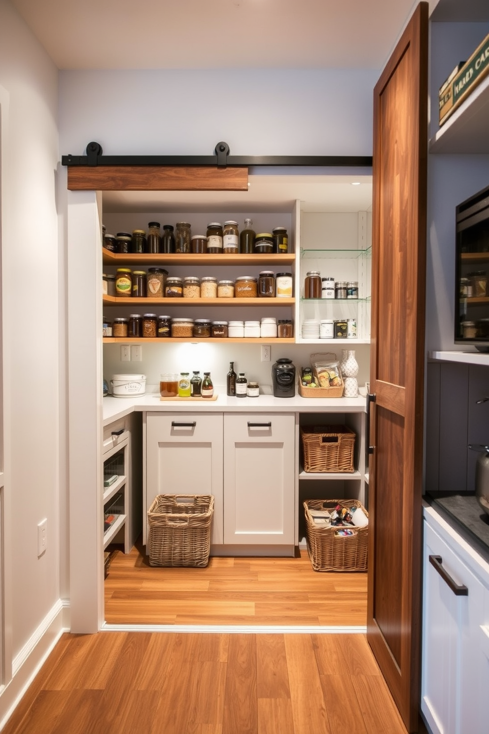 A modern pantry featuring a sleek sliding barn door made of reclaimed wood. Inside, custom shelving organizes a variety of jars and containers, ensuring everything is easily accessible and visually appealing. The walls are painted in a soft white to enhance the light, and the floor is adorned with warm wooden planks. A small countertop area is included for meal prep, complemented by stylish baskets for storing snacks and essentials.