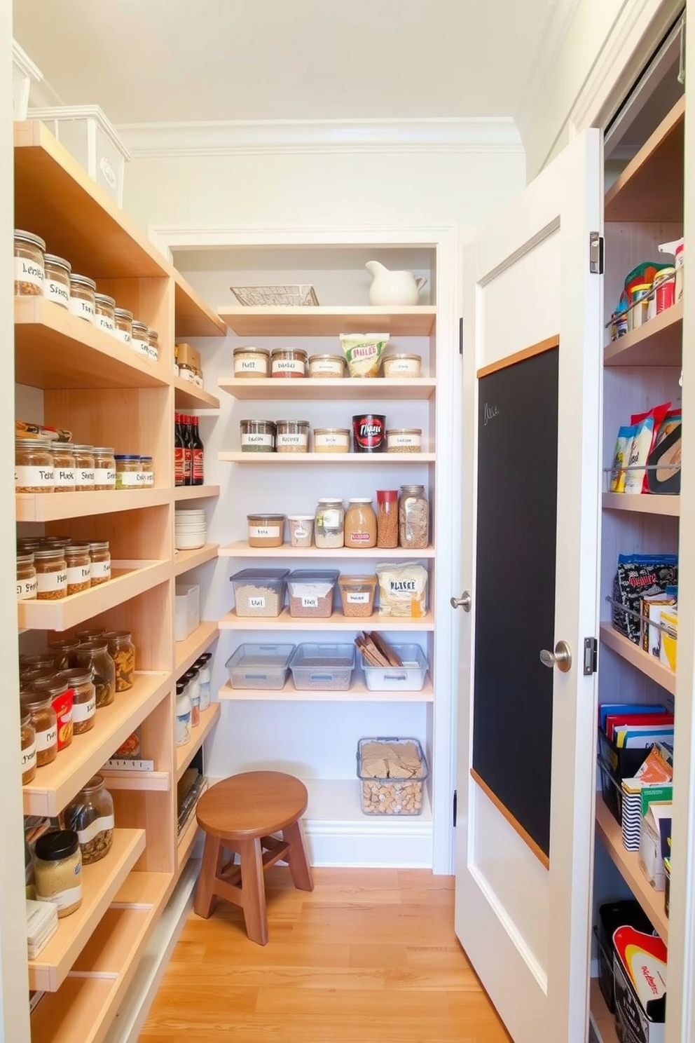 A well-organized pantry with pull-out shelves for easy access to items. The shelves are crafted from light wood and are neatly arranged with labeled containers for grains, spices, and snacks. The walls are painted in a soft white hue, creating a bright and airy atmosphere. A small step stool is placed in the corner for reaching higher shelves, and a chalkboard is mounted on the door for grocery lists and notes.