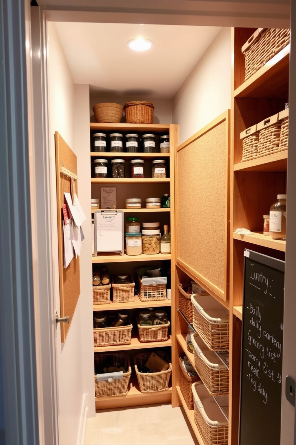 A cozy and functional pantry space designed for organization. The walls are lined with wooden shelves filled with labeled jars and baskets, creating a neat and accessible storage area. A large corkboard is mounted on one wall, providing a space for notes, recipes, and reminders. A small chalkboard is also included for daily grocery lists and meal planning, enhancing the pantry's practicality.