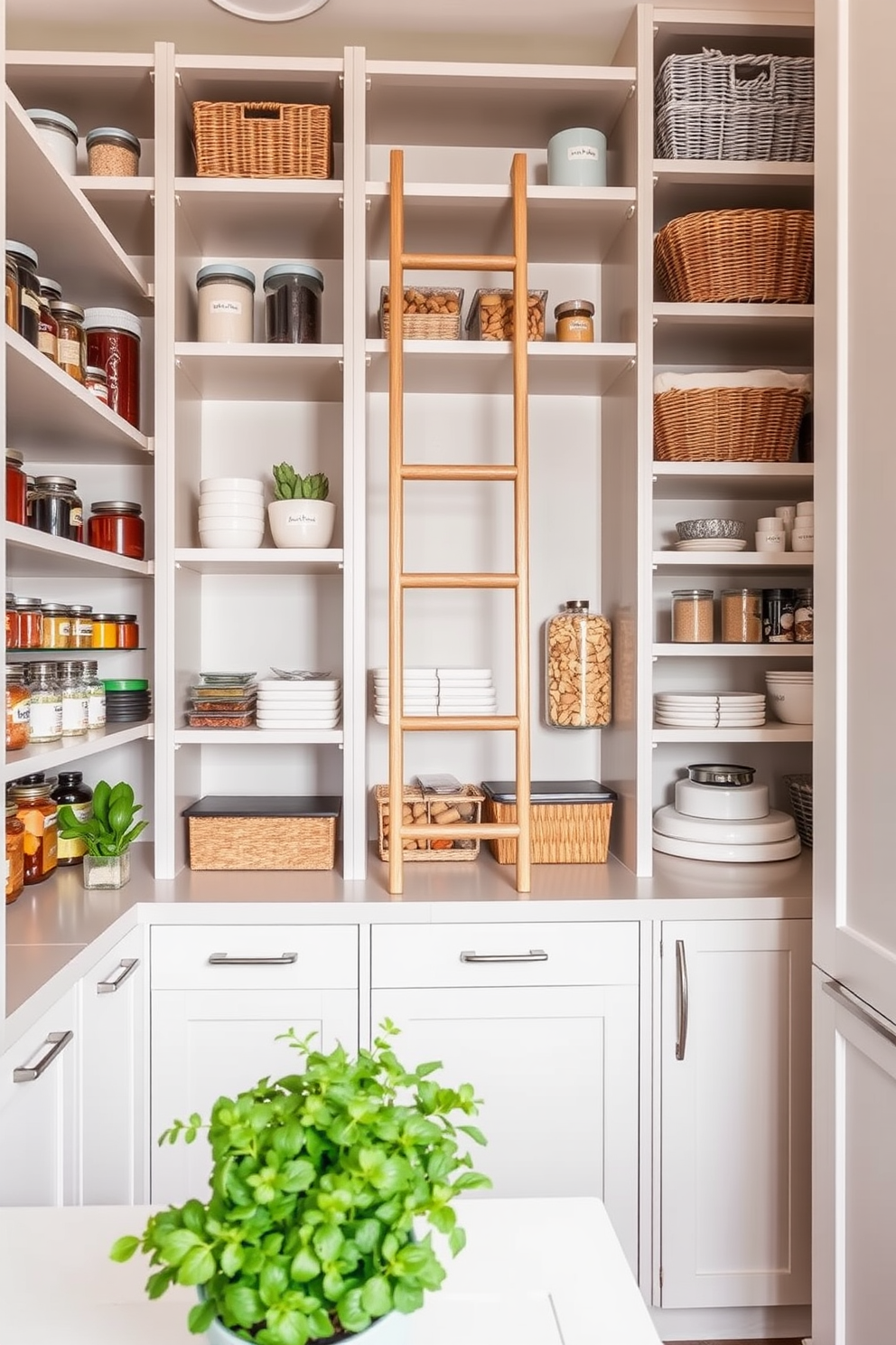 A modern pantry designed for optimal organization features vertical shelving units that maximize storage space. The shelves are filled with neatly arranged jars, baskets, and labeled containers, ensuring everything is easily accessible. Incorporate a pull-out ladder for reaching high shelves, enhancing both functionality and style. The color palette consists of soft neutrals with pops of greenery from potted herbs placed on the countertop.