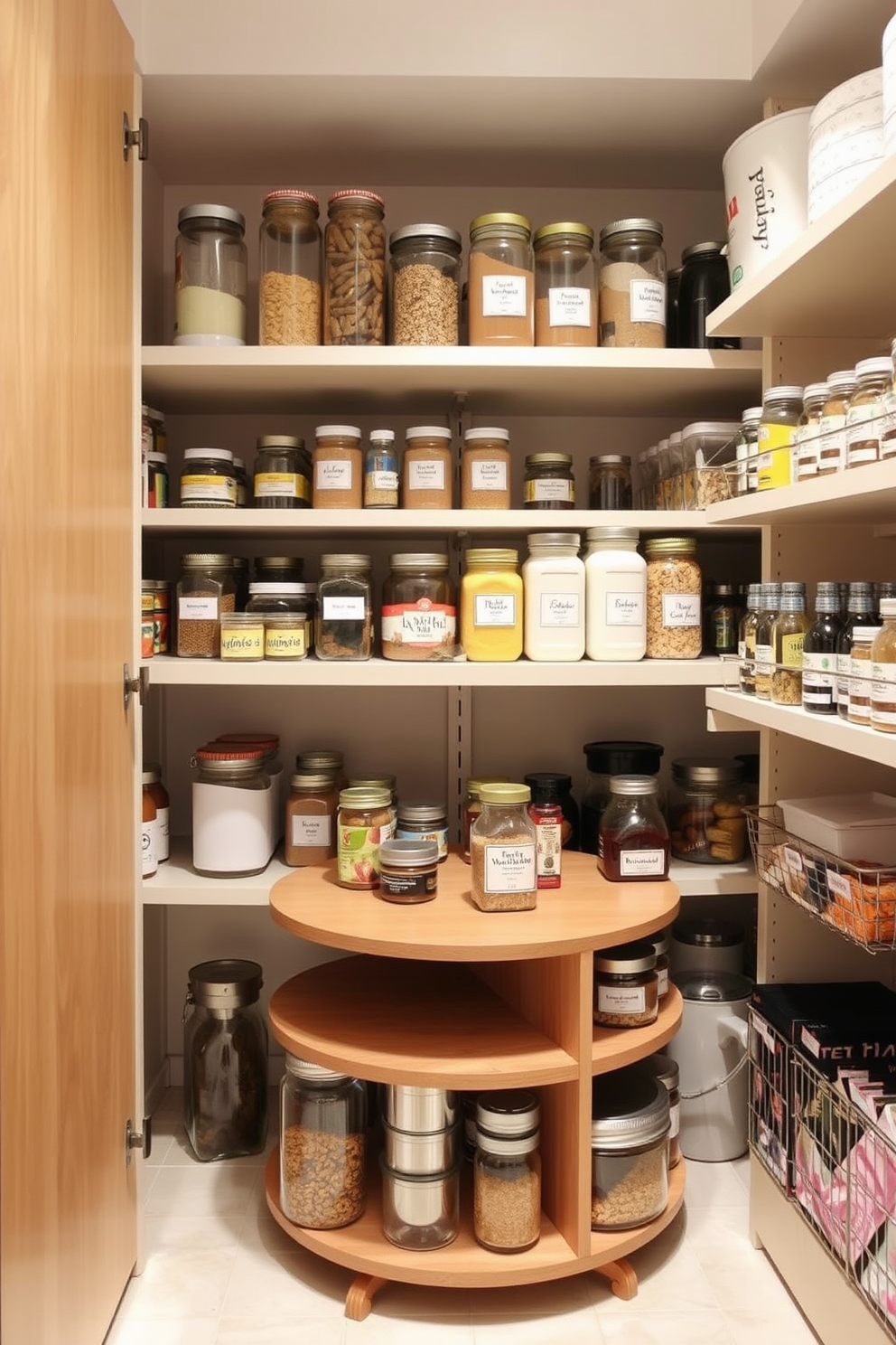 A well-organized pantry featuring a lazy Susan for easy corner access. The shelves are stocked with neatly labeled jars and containers, maximizing storage space while maintaining an aesthetic appeal.