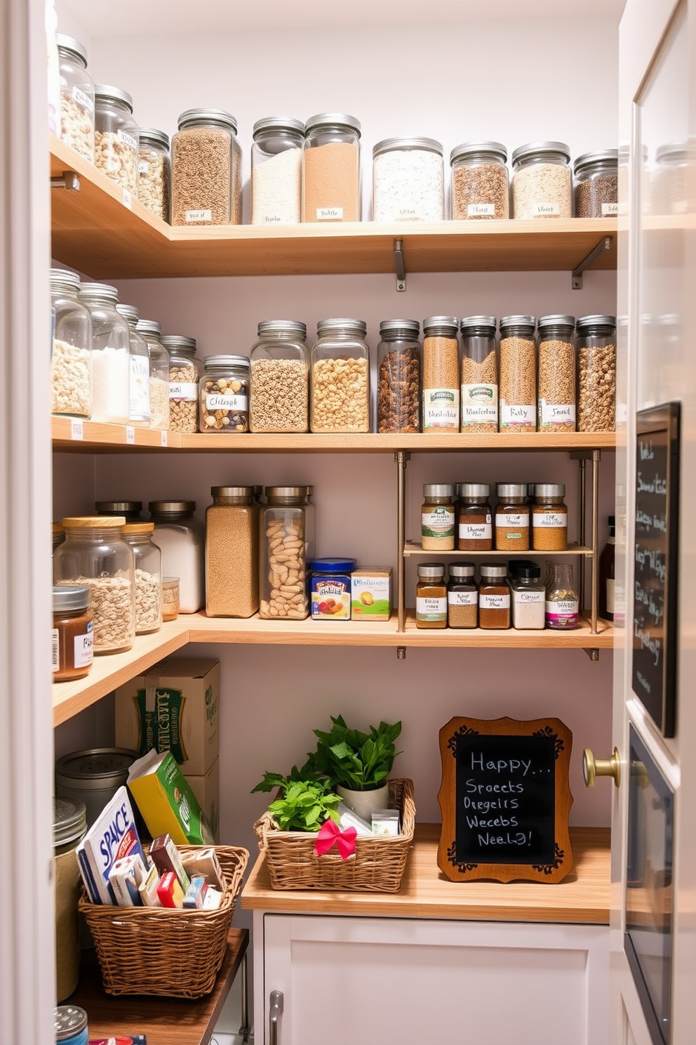 A well-organized pantry featuring clear glass jars filled with various dry goods neatly arranged on wooden shelves. The shelves are labeled for easy identification and include a mix of small and large containers, with spices in decorative tins placed on a tiered rack. At the bottom, a pull-out drawer contains snacks and packaged items, while a small basket holds fresh herbs. The pantry walls are painted a soft white, and a small chalkboard on the door lists grocery items needed for restocking.