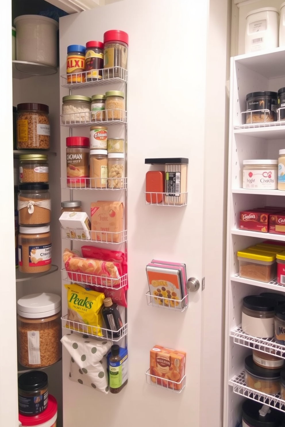 A well-organized pantry featuring door space utilized with hanging racks for efficient storage. The racks hold various jars and containers, allowing easy access to spices and snacks while maximizing vertical space.