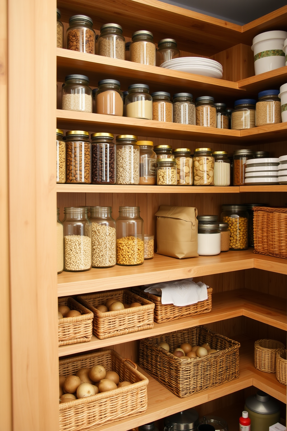 A well-organized pantry featuring open shelving made of natural wood. Clear glass jars filled with grains and snacks are neatly arranged, while woven baskets hold loose items like potatoes and onions for easy access.