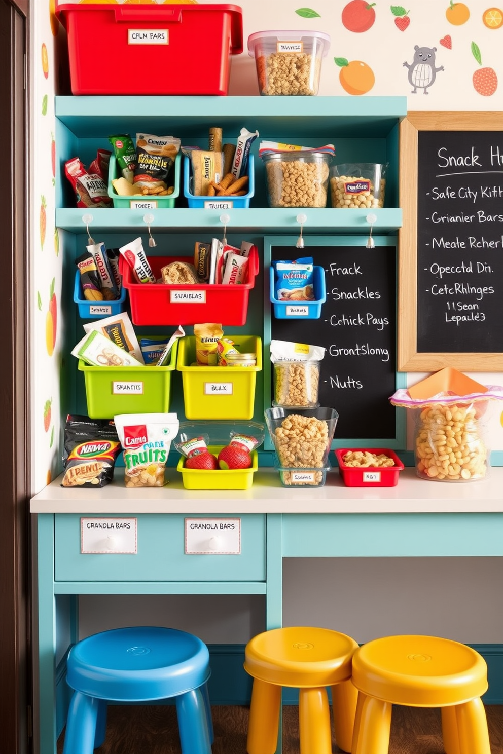 Create a vibrant snack station for kids featuring colorful bins filled with assorted snacks like granola bars fruit and nuts. The station includes a low table with stools at kid-friendly heights and a chalkboard for labeling snack options. Incorporate playful elements like wall decals of fruits and cartoon characters to make the space inviting. Use clear containers for easy visibility and encourage kids to help with pantry organization by labeling each bin with fun stickers.