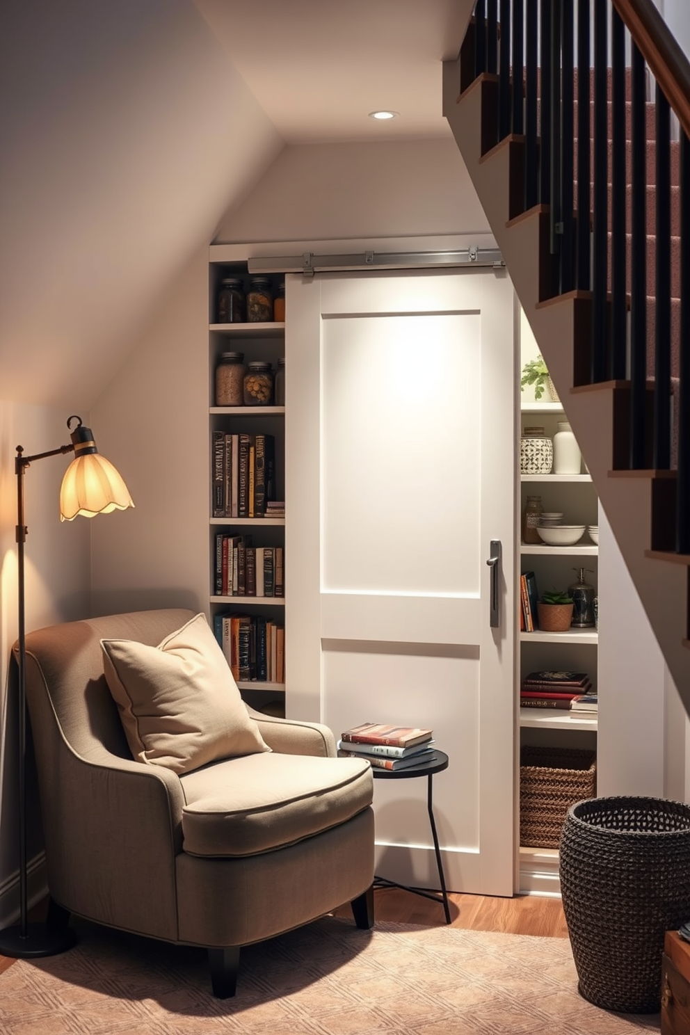 Cozy reading nook under the stairs. A plush armchair is positioned next to a small side table with a stack of books, creating an inviting space for relaxation. Soft lighting from a nearby lamp casts a warm glow over the nook. Shelves filled with books and decorative items line the wall, enhancing the cozy atmosphere. Pantry under the stairs design ideas. Open shelving displays neatly organized jars and containers, maximizing storage in a compact space. A sliding door provides easy access while maintaining a sleek look. The walls are painted in a light color to create an airy feel, complemented by subtle decor that adds charm.