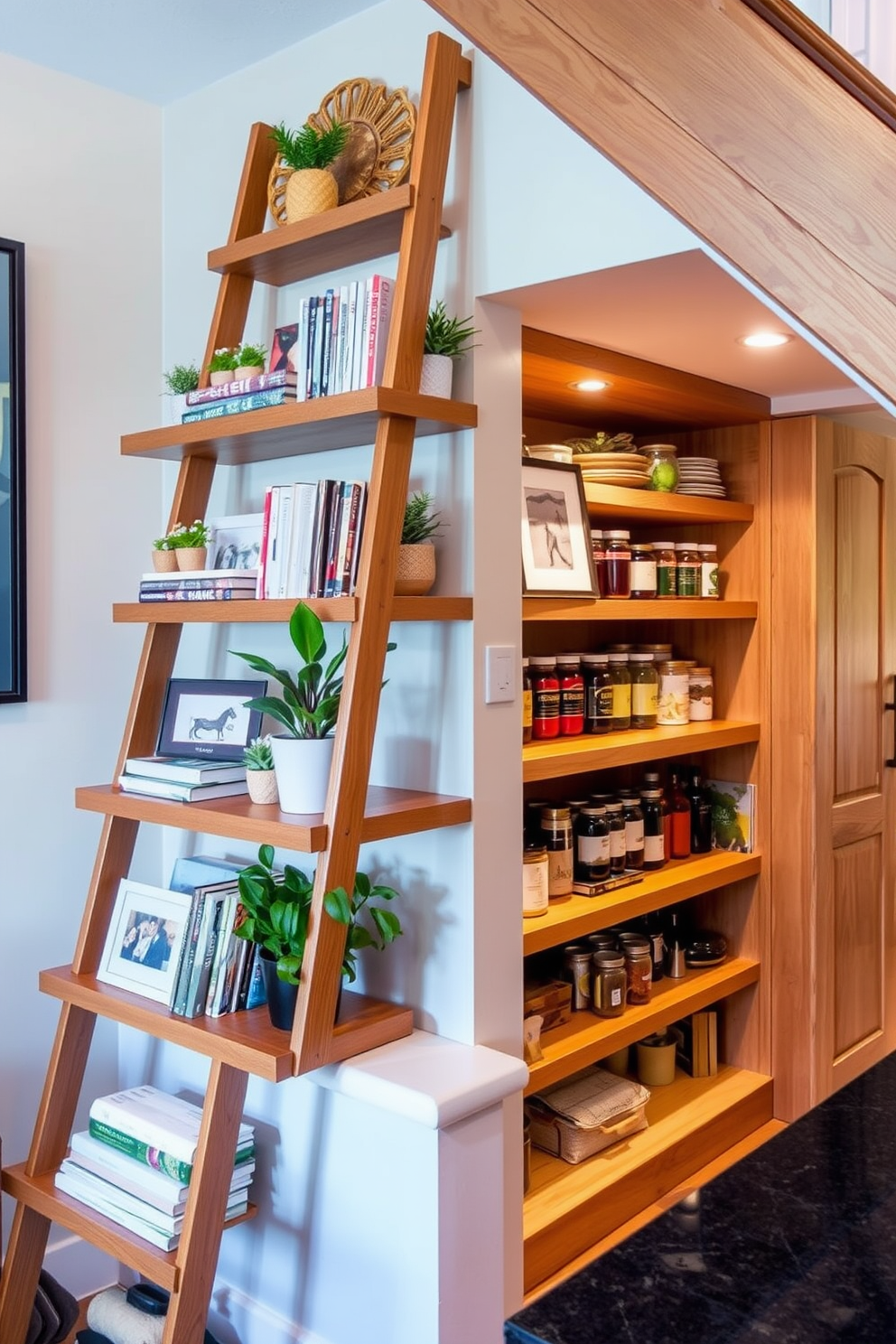 A stylish ladder shelf is positioned against the wall, showcasing an array of decorative items such as books, plants, and framed photos. The wood finish of the shelf complements the surrounding decor, creating a warm and inviting atmosphere. The pantry under the stairs features custom shelving that maximizes storage space while maintaining easy access to essentials. Soft lighting illuminates the area, enhancing the organized display of jars, canned goods, and kitchen tools.