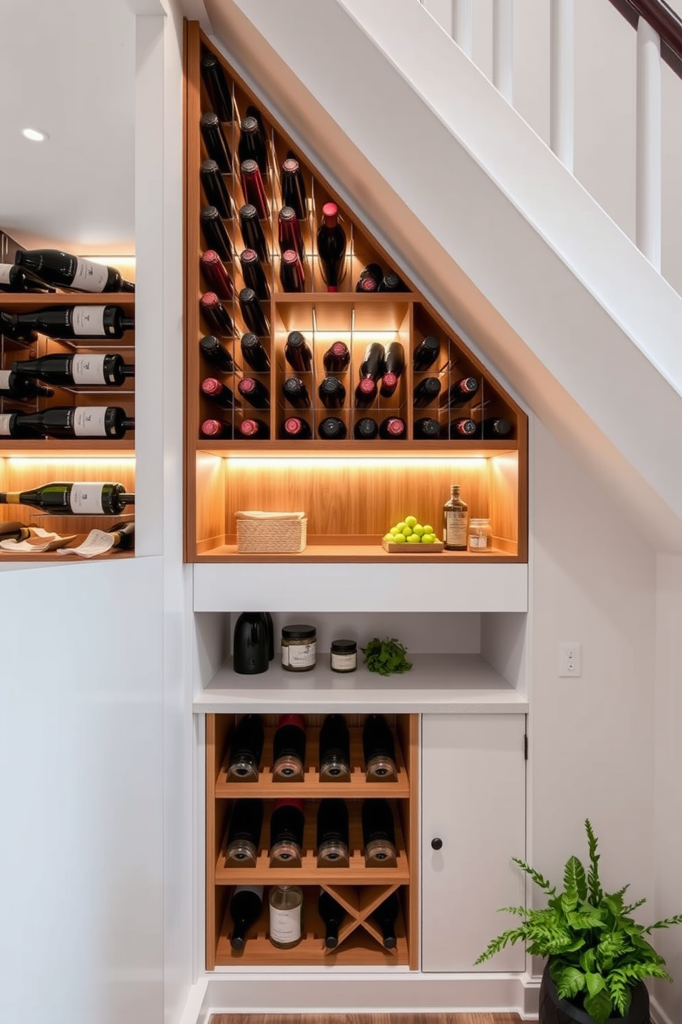 A wine rack seamlessly integrated into a pantry design features wooden shelves that elegantly display an array of wine bottles. The warm lighting enhances the rich colors of the bottles, creating an inviting atmosphere. The pantry under the stairs is designed with clever storage solutions, utilizing the sloped ceiling for shelves that maximize space. A small countertop area is included for meal prep, adorned with decorative jars and fresh herbs for a touch of greenery.