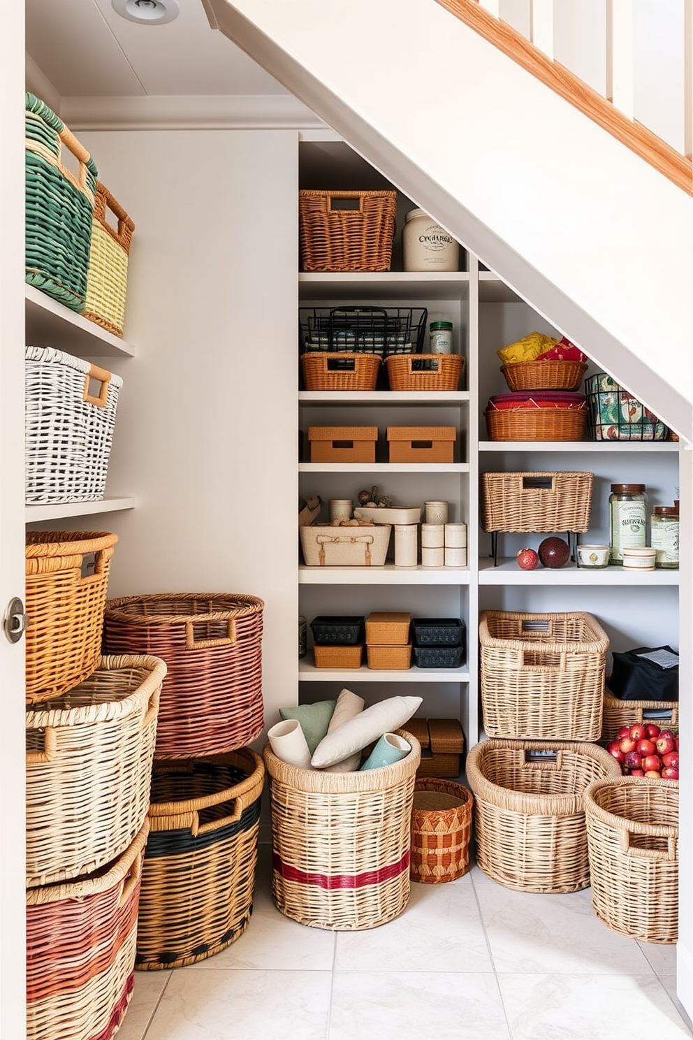 A collection of colorful baskets neatly arranged for pantry organization. The baskets vary in size and texture, adding a vibrant touch to the space while providing functional storage solutions. A cozy pantry tucked under the stairs, featuring custom shelving that maximizes the available space. The design incorporates a mix of open and closed storage, with decorative elements that enhance the overall aesthetic.