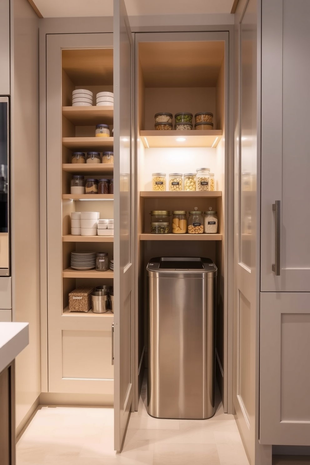 A hidden trash bin is cleverly integrated into the cabinetry, ensuring a neat and tidy appearance in the kitchen. The sleek design allows for easy access while maintaining the overall aesthetic of the space. The pantry under the stairs features custom shelving that maximizes storage while utilizing the unique space effectively. Soft lighting illuminates the shelves, showcasing neatly organized jars and containers for a stylish yet functional design.