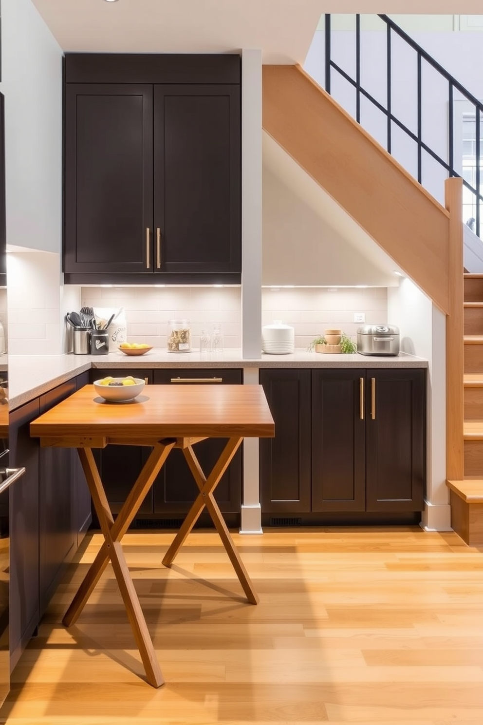 A foldable table is cleverly integrated into the kitchen design, providing extra prep space when needed. The table features a sleek wood finish and can be easily tucked away when not in use, maintaining an open and airy feel. The pantry under the stairs is designed with custom shelving, maximizing storage while utilizing the unique space. Soft lighting illuminates the area, showcasing neatly organized jars and containers for a tidy and functional look.