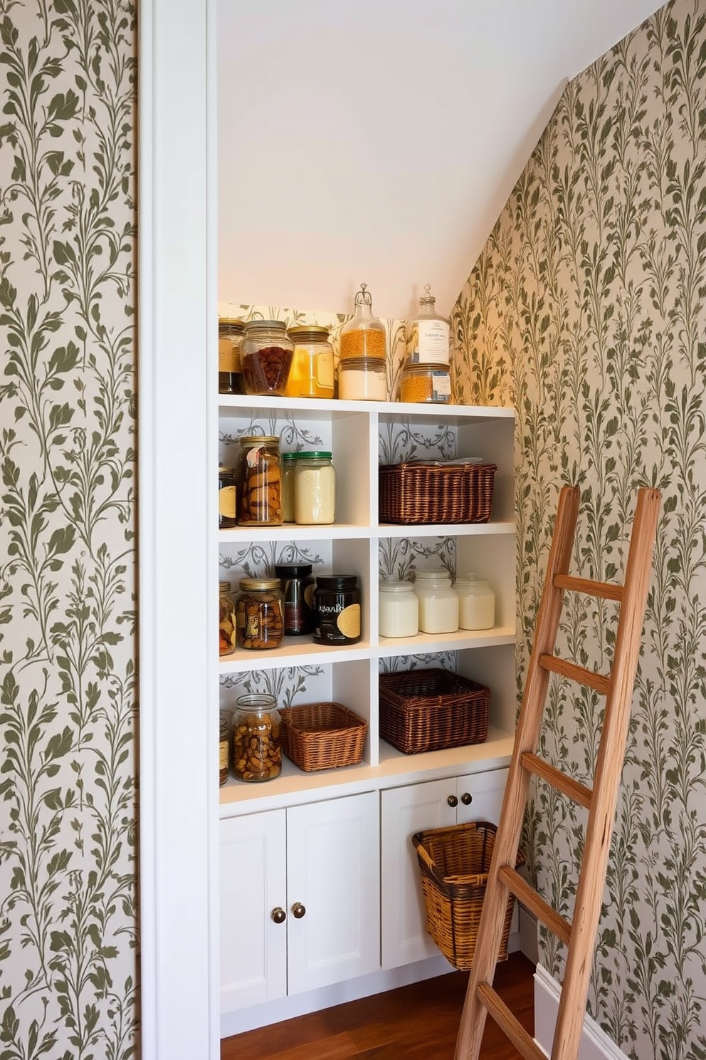 A cozy pantry under the stairs features decorative wallpaper with a botanical print. The shelves are filled with neatly organized jars and baskets, creating an inviting and functional space. Soft lighting illuminates the area, highlighting the intricate patterns of the wallpaper. A small wooden ladder leans against the shelves, adding a touch of charm and accessibility.