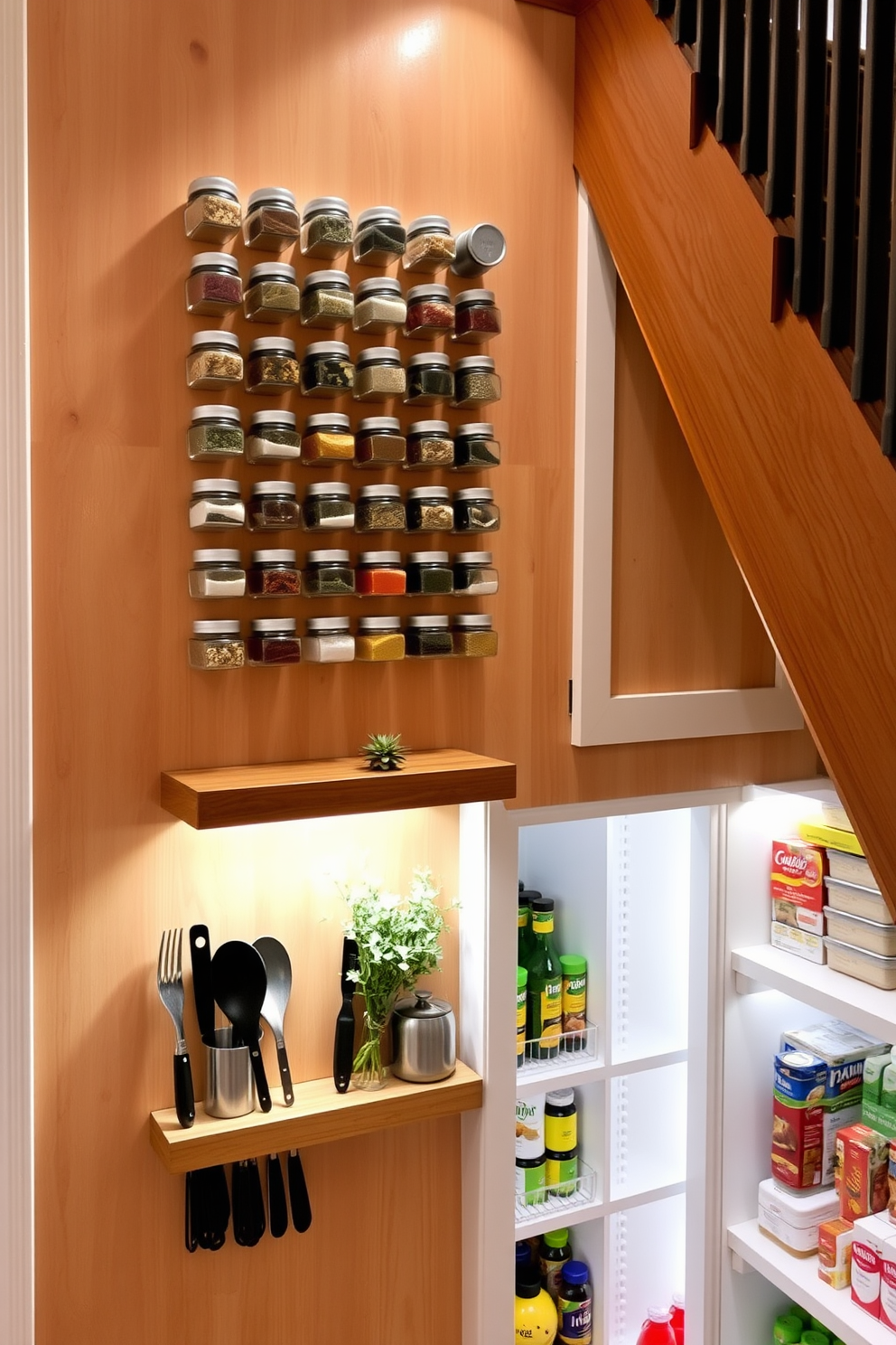 Magnetic spice containers are neatly arranged on a wooden wall, showcasing a variety of colorful spices in clear glass jars. Below the spice containers, a small wooden shelf holds cooking utensils and a decorative plant, adding a touch of greenery to the space. The pantry under the stairs features custom-built shelves lined with neatly organized food items and kitchen supplies. Soft LED lighting illuminates the pantry, creating a warm and inviting atmosphere while maximizing storage efficiency.