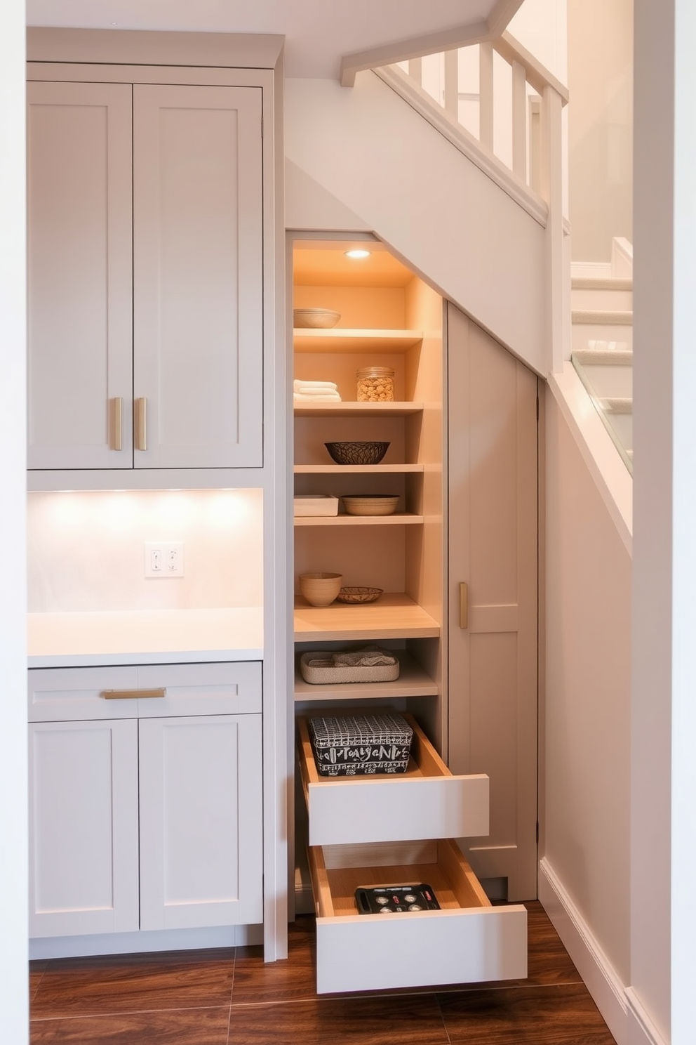 Custom cabinetry for a seamless look. The cabinetry blends effortlessly with the surrounding walls, featuring a smooth finish and minimalist hardware for a sleek appearance. Pantry under the stairs design ideas. The space is optimized with built-in shelves and pull-out drawers, making it both functional and visually appealing while maximizing the use of an otherwise wasted area.