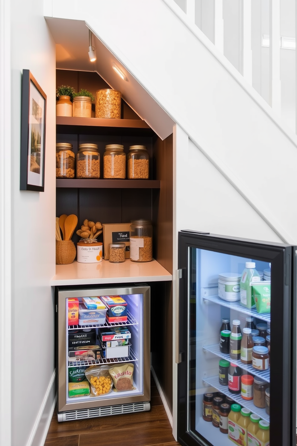 A cozy pantry tucked under the stairs features a mini fridge for quick snacks and drinks. The space is cleverly organized with open shelves displaying jars of dry goods and a small countertop for meal prep.