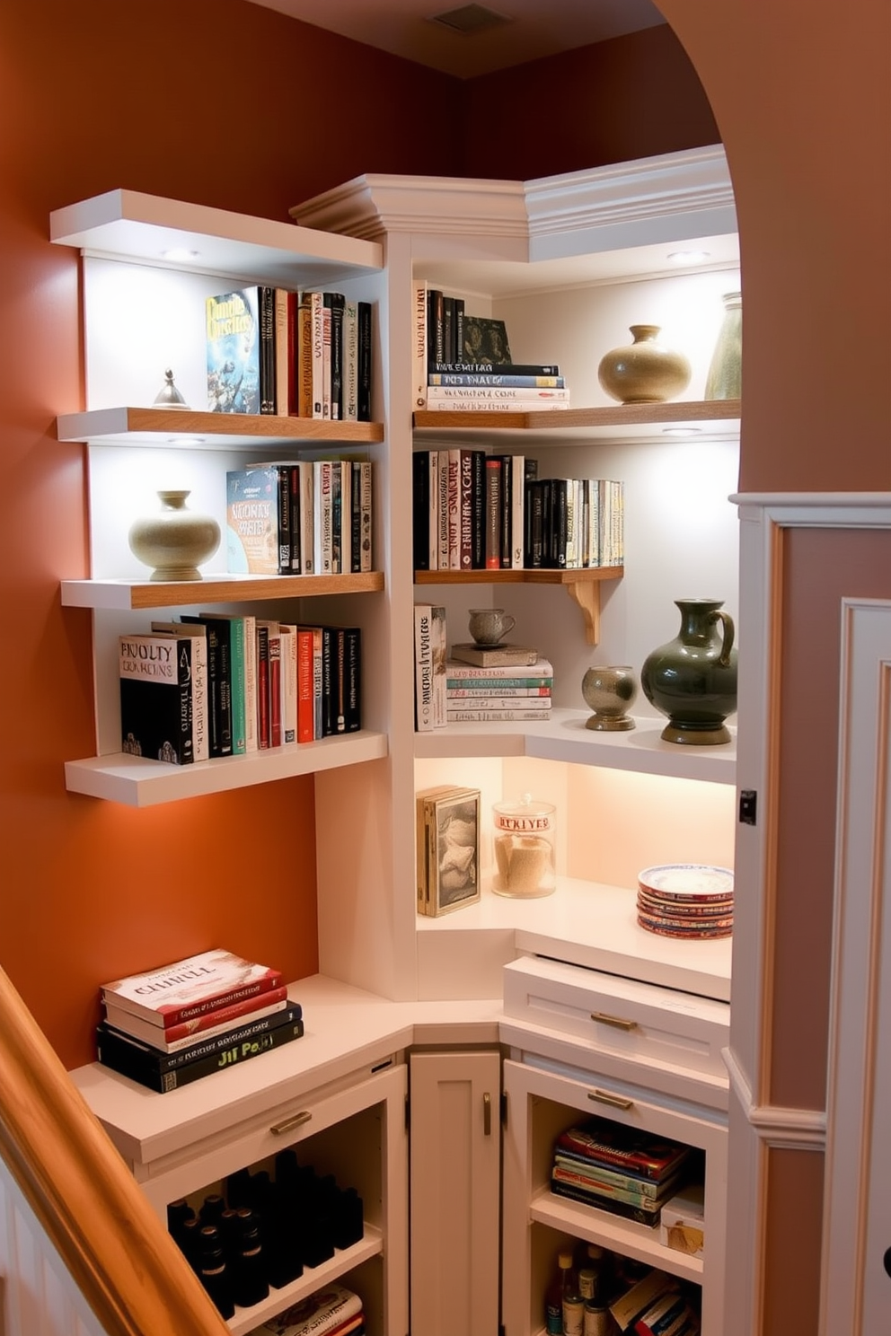 A corner shelf designed to maximize space features sleek wooden shelves that elegantly display a variety of cookbooks and decorative items. The shelves are painted in a soft white hue, complementing the warm tones of the surrounding walls. The pantry under the stairs is a clever use of otherwise wasted space, showcasing custom cabinetry with pull-out drawers for easy access. The interior is illuminated with warm LED lighting, creating an inviting atmosphere for storing pantry essentials.