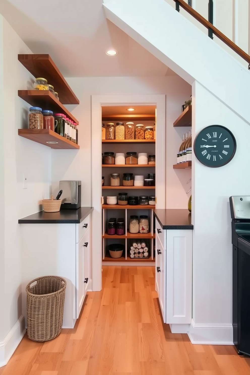 A cozy pantry tucked under the stairs features open shelving that showcases neatly organized jars and containers. The walls are painted in a soft white, and warm lighting highlights the textures of the wooden shelves. The floor is finished with light hardwood, creating a seamless transition from the surrounding area. A small countertop provides additional space for meal prep, enhancing the functionality of this charming storage solution.