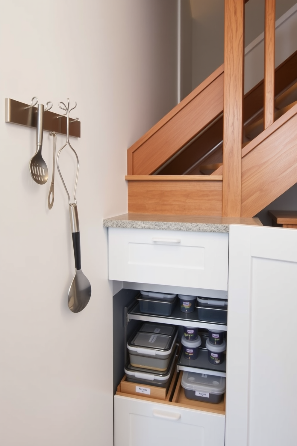 A functional kitchen space features a stylish wall-mounted rack with hooks for hanging kitchen tools and utensils. The rack is made of brushed stainless steel, complementing the sleek cabinetry and providing easy access to essential cooking implements. The pantry under the stairs is designed with custom shelving that maximizes storage space. It includes pull-out drawers and labeled containers for organization, ensuring that all pantry items are neatly stored and easily accessible.