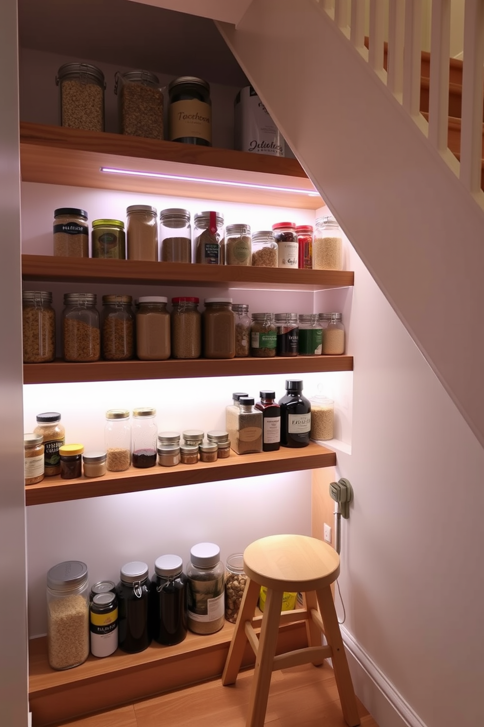 A tiered shelving unit is installed in the pantry under the stairs, maximizing space and enhancing visibility. Each shelf is filled with neatly organized jars and containers, showcasing a variety of dry goods and spices. The design features warm wooden shelves complemented by soft ambient lighting that highlights the items displayed. A small step stool is included for easy access to the top shelves, making the pantry both functional and aesthetically pleasing.