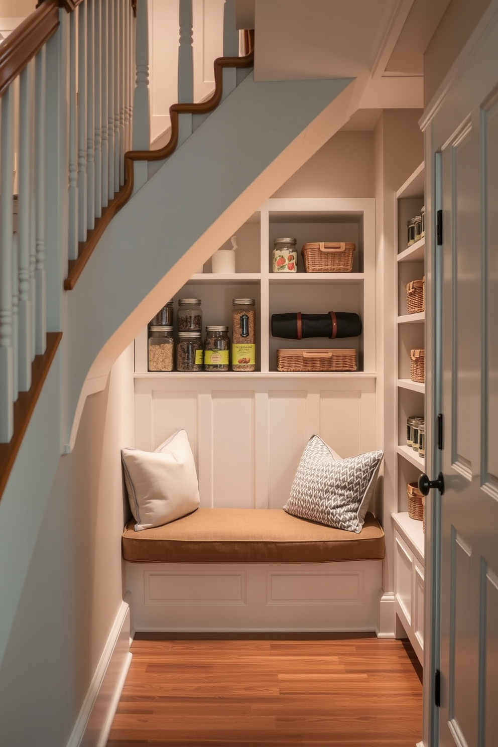 A charming under-stair pantry features a cozy built-in bench with soft cushions, creating an inviting nook for relaxation. The pantry is organized with open shelving, displaying neatly arranged jars and baskets, while warm lighting enhances the cozy atmosphere.