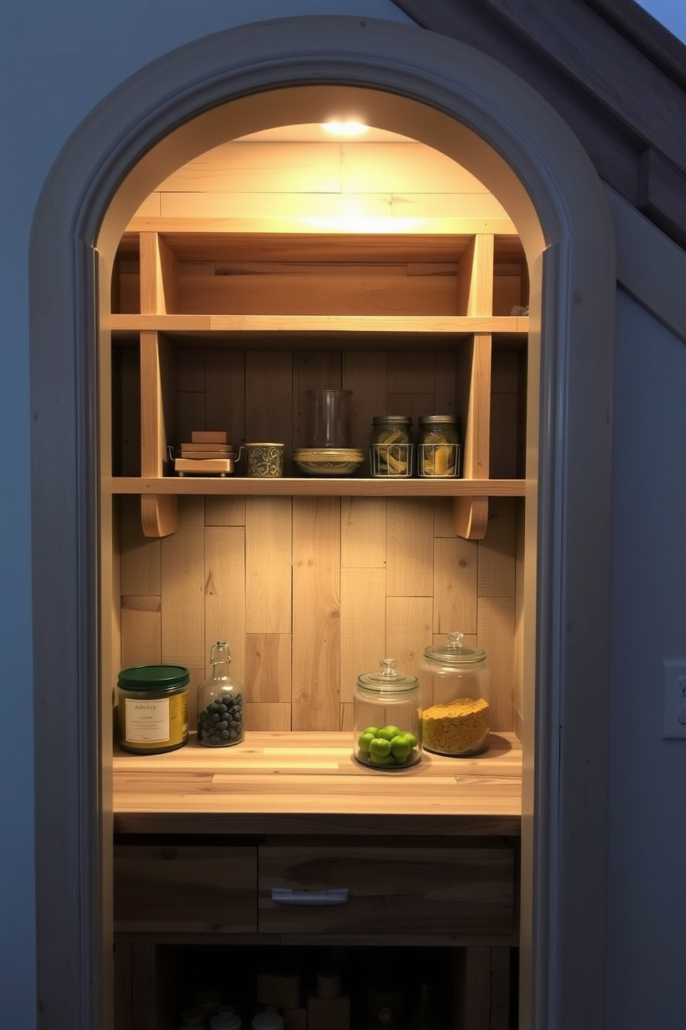 A cozy pantry tucked under the stairs showcases creative use of reclaimed wood accents. The shelves are crafted from weathered planks, providing a rustic charm while maximizing storage space. Soft, warm lighting illuminates the area, highlighting the unique textures of the wood. A small countertop made from reclaimed wood offers a perfect spot for meal prep or displaying decorative jars.